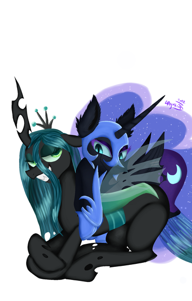 Size: 1275x1997 | Tagged: safe, artist:4agonism, derpibooru import, nightmare moon, queen chrysalis, alicorn, changeling, changeling queen, pony, antagonist, chrysmoon, crossed arms, cuddling, duo, evil grin, female, folded wings, grin, horn, image, jewelry, lesbian, lying down, on top, png, prone, regalia, shipping, signature, simple background, smiling, white background, wings