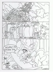 Size: 2544x3504 | Tagged: safe, artist:mohawkrex, derpibooru import, opalescence, pinkie pie, rarity, earth pony, pony, unicorn, comic:a piece of pie, black and white, carousel boutique, comic, eyepatch, female, golden pie, goldeneye, grayscale, image, jpeg, mare, monochrome, pun, punny name, sitting, traditional art