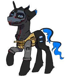 Size: 2095x2480 | Tagged: safe, artist:hrabiadeblacksky, derpibooru import, oc, oc:hrabia de black sky, unofficial characters only, ghost, hybrid, original species, pony, undead, unicorn, derpibooru community collaboration, 2023 community collab, blue eyes, call of duty, clothes, hourglass, image, male, mask, mw2, png, red paint, shadow company, solo, stallion, uniform, vest, without background