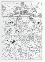 Size: 2544x3504 | Tagged: safe, artist:mohawkrex, derpibooru import, applejack, pinkie pie, earth pony, pony, comic:a piece of pie, ..., applejack is not amused, applejack the anti-shipper, applepie, barn, black and white, candy, clothes, comic, coughing, duo, eyes closed, female, food, grayscale, grin, hat, high res, huff, image, interrupted, jpeg, kiss on the lips, kissing, lesbian, mare, monochrome, onomatopoeia, open mouth, open smile, shipping, shipping denied, shrunken pupils, smiling, smooch, sound effects, stars, surprise kiss, sweet apple acres, the amazing pinkie pie, tongue out, top hat, traditional art, tuxedo, unamused