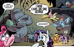 Size: 1181x750 | Tagged: safe, artist:andypriceart, derpibooru import, idw, applejack, cave troll jim, fluttershy, pinkie pie, rainbow dash, rarity, twilight sparkle, cave troll, earth pony, pegasus, pony, unicorn, spoiler:comic, spoiler:comic02, dialogue, emanata, female, g4, group, image, jpeg, literal butthurt, male, mane six, mare, pain, speech bubble, unicorn twilight