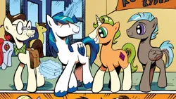 Size: 1334x750 | Tagged: safe, artist:andypriceart, derpibooru import, idw, 8-bit (character), gaffer, gizmo, shining armor, earth pony, pegasus, pony, unicorn, neigh anything, spoiler:comic, spoiler:comic11, cropped, g4, group, image, jpeg, male, quartet, stallion, younger