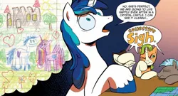 Size: 1334x720 | Tagged: safe, artist:andypriceart, derpibooru import, idw, 8-bit (character), gaffer, gizmo, shining armor, earth pony, pegasus, pony, unicorn, neigh anything, spoiler:comic, spoiler:comic11, crayon drawing, dialogue, g4, group, image, jpeg, male, quartet, speech bubble, stallion, thought bubble, traditional art, younger