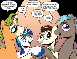 Size: 985x750 | Tagged: safe, artist:andypriceart, derpibooru import, idw, 8-bit (character), gaffer, gizmo, shining armor, earth pony, pegasus, pony, unicorn, neigh anything, spoiler:comic, spoiler:comic11, dialogue, g4, group, image, jpeg, male, quartet, speech bubble, stallion, younger