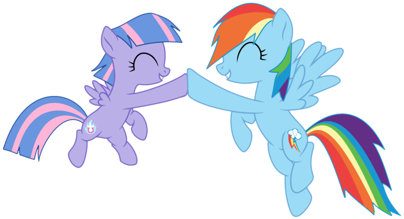 Size: 3104x1684 | Tagged: safe, artist:bomberchif, artist:twilyisbestpone, derpibooru import, rainbow dash, wind sprint, pegasus, pony, ^^, base used, cute, dashabetes, duo, duo female, eyes closed, female, filly, flying, foal, hoofbump, image, mare, png, simple background, smiling, spread wings, sprintabetes, transparent background, wings