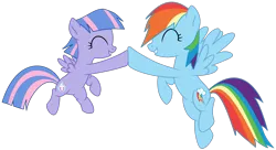 Size: 3104x1684 | Tagged: safe, artist:bomberchif, artist:twilyisbestpone, derpibooru import, rainbow dash, wind sprint, pegasus, pony, ^^, base used, cute, dashabetes, duo, duo female, eyes closed, female, filly, flying, foal, hoofbump, image, mare, png, simple background, smiling, spread wings, sprintabetes, transparent background, wings