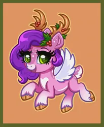 Size: 809x988 | Tagged: safe, artist:confetticakez, derpibooru import, pipp petals, deer, deer pony, original species, peryton, reindeer, adorapipp, antlers, christmas, cute, female, freckles, g5, holiday, holly, image, jpeg, markings, open mouth, orange background, reindeerified, simple background, solo, species swap