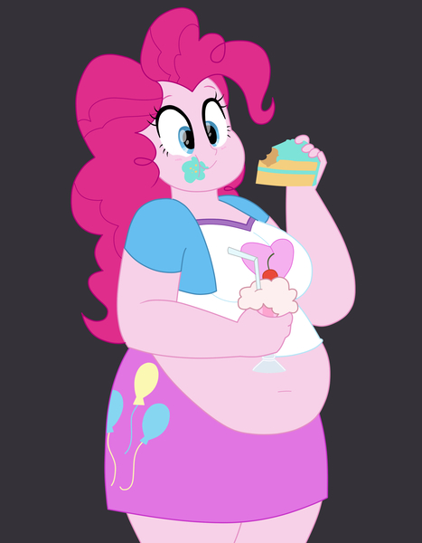 Size: 2098x2698 | Tagged: safe, artist:sweetandsofty, derpibooru import, pinkie pie, human, equestria girls, adorafatty, bbw, belly, belly button, breasts, cake, clothes, crumbs, cupcake, cute, eating, fat, food, frosting, happy, image, jacket, jpeg, messy eating, midriff, milkshake, pudgy pie, skirt, sundae, thighs