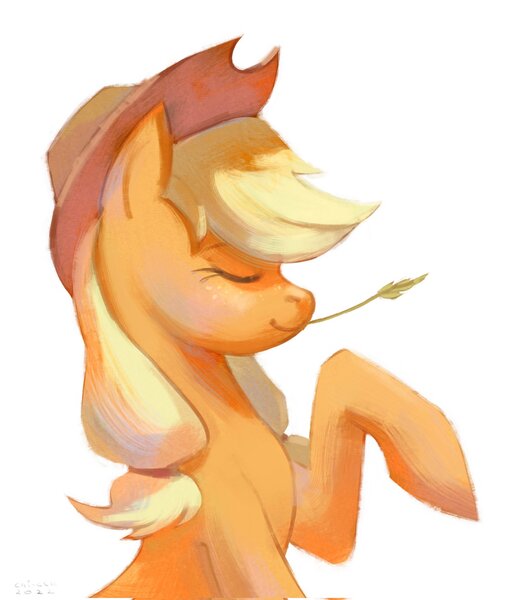 Size: 1739x2048 | Tagged: safe, artist:hichieca, derpibooru import, applejack, earth pony, pony, image, jpeg, simple background, solo, straw in mouth, white background