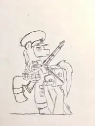 Size: 1080x1440 | Tagged: safe, artist:bright banner, derpibooru import, oc, oc:bright banner, unofficial characters only, pony, clothes, gun, image, jpeg, male, monochrome, pencil drawing, rifle, soldier, solo, traditional art, uniform, weapon