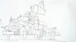 Size: 1920x1076 | Tagged: safe, artist:bright banner, derpibooru import, earth pony, pony, unicorn, firefighter, grayscale, image, jpeg, monochrome, pencil drawing, traditional art, truck