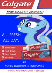 Size: 1138x1600 | Tagged: safe, artist:bonemareoh, derpibooru import, minuette, unicorn, advertisement, image, png, smiling, solo, teeth, toothbrush