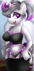 Size: 3006x6233 | Tagged: suggestive, artist:gelians, derpibooru import, oc, oc:hazel radiate, unofficial characters only, anthro, unicorn, anthro oc, belly button, bow, breasts, cleavage, clothes, commission, commissioner:biohazard, corset, eyelashes, eyeshadow, female, garter belt, highlights, horn, image, magic, magic aura, makeup, open mouth, panties, png, ponytail, purple eyes, socks, solo, solo female, stockings, tail, tail bow, thigh highs, underwear, unicorn oc, ych result