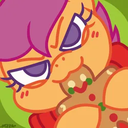 Size: 768x768 | Tagged: safe, artist:eucalipt, derpibooru import, scootaloo, pegasus, pony, :3, clothes, cookie, cute, cutealoo, eating, food, gingerbread (food), gingerbread man, hoof hold, image, png, solo, sweater