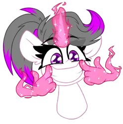 Size: 1770x1786 | Tagged: safe, artist:nekro-led, derpibooru import, oc, oc:hazel radiate, unofficial characters only, pony, unicorn, bust, commission, commissioner:biohazard, cute, ear fluff, eyebrows, eyebrows visible through hair, eyelashes, glow, glowing horn, hand, highlights, horn, image, magic, magic hands, png, ponytail, portrait, purple eyes, simple background, smiling, transparent background, unicorn oc, wingding eyes, ych result