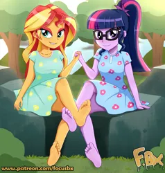 Size: 2362x2480 | Tagged: safe, artist:focusb, derpibooru import, sci-twi, sunset shimmer, twilight sparkle, equestria girls, barefoot, clothes, duo, feet, glasses, grass, high res, image, jpeg, patreon, rock, sitting, smiling, tree, url, watermark