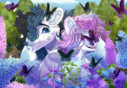 Size: 3870x2700 | Tagged: safe, artist:medkit, derpibooru import, oc, unofficial characters only, butterfly, insect, pegasus, pony, big eyes, blue sky, cloud, complex background, duo, eyes open, female, fence, flower, garden, giggling, grass, hair over one eye, happy, high res, hoof on cheek, hoof over mouth, hug, image, insect on ear, insect on flower, insect on nose, leaves, lilac, male, mare, open mouth, paint tool sai 2, pair, png, raised hoof, scrunchie, smiling, speedpaint, spread wings, stallion, tail, tree, wings, wondering