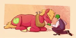 Size: 2373x1203 | Tagged: safe, artist:anontheanon, big macintosh, oc, oc:anon, earth pony, human, pony, apple, duo, feeding, female, food, image, jpeg, macareina, mare, open smile, prone, rule 63