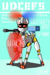 Size: 4000x6000 | Tagged: safe, artist:cdrspark, derpibooru import, ponified, object pony, original species, pony, robot, robot pony, autocannon, force field, grenade launcher, image, military, png, security guard, simple background, solo, u.d.c.e., weapon