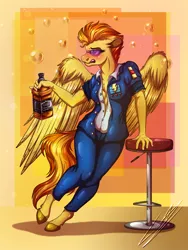 Size: 3000x4000 | Tagged: safe, artist:lupiarts, derpibooru import, spitfire, anthro, pegasus, alcohol, blushing, braless, breasts, bubble, clothes, digital art, drawing, drunk, floppy ears, illustration, image, jack daniels, jpeg, leaning, open clothes, open shirt, partially open wings, sideboob, spread wings, sunglasses, tipsy, uniform, wings, wonderbolts, wonderbolts uniform