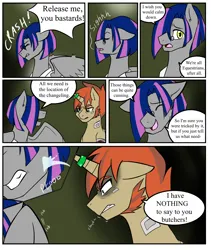 Size: 2224x2637 | Tagged: safe, alternate version, artist:jolliapplegirl, derpibooru import, oc, pegasus, pony, unicorn, comic:dusk rebellion, dark star au, alternate timeline, alternate universe, comic, crystal war timeline, dialogue, image, male, png, restrained, stallion