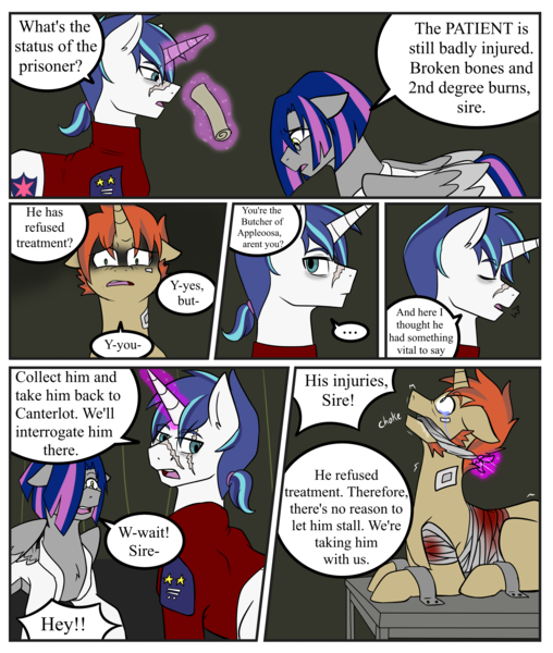 Size: 2200x2600 | Tagged: semi-grimdark, artist:jolliapplegirl, derpibooru import, shining armor, oc, pegasus, pony, unicorn, comic:dusk rebellion, dark star au, alternate timeline, alternate universe, comic, crystal war timeline, dialogue, gag, image, male, png, scar, stallion