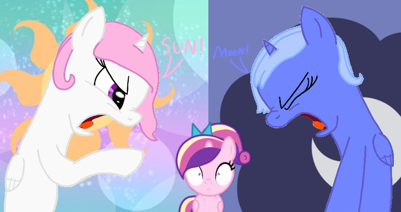 Size: 841x445 | Tagged: safe, artist:pagiepoppie12345, derpibooru import, princess cadance, princess celestia, princess luna, alicorn, pony, angry, argument, bow, cutie mark, dialogue, eyes closed, female, filly, filly cadance, foal, hair bow, horn, image, mare, moon, pink-mane celestia, png, ponytail, royal sisters, s1 luna, shrunken pupils, sibling rivalry, siblings, sisters, sun, sun vs moon, text, watching, wings, yelling, young cadance, young celestia, young luna, younger