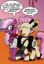 Size: 750x1078 | Tagged: safe, artist:andypriceart, derpibooru import, idw, cheerilee, mayor mare, earth pony, pony, neigh anything, spoiler:comic, spoiler:comic12, bow, braces, clothes, cropped, dialogue, dress, duo focus, ear piercing, earring, female, fishnets, flashback, funny background event, g4, hair bow, high heels, image, jewelry, jpeg, mare, necklace, piercing, shoes, speech bubble, younger