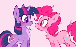 Size: 2048x1280 | Tagged: safe, artist:alexbeeza, derpibooru import, pinkie pie, twilight sparkle, earth pony, pony, unicorn, 2022, abstract background, chest fluff, duo, duo female, female, image, jpeg, looking at each other, looking at someone, mare, open mouth, open smile, pink background, simple background, smiling, sweat, sweatdrop, unicorn twilight