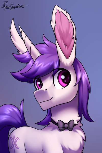 Size: 2000x3000 | Tagged: safe, artist:jedayskayvoker, derpibooru import, oc, oc:lapush buns, pony, big ears, bust, chest fluff, cute, ear fluff, gradient background, horn, icon, image, long horn, male, png, portrait, purple eyes, smiling, solo, solo male, stallion