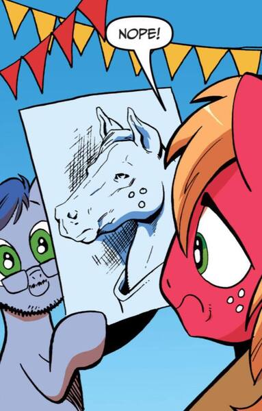 Size: 750x1175 | Tagged: safe, artist:andypriceart, derpibooru import, idw, big macintosh, leadwing, earth pony, pony, zen and the art of gazebo repair, spoiler:comic09, caricature, comic, duo, g4, hoers, image, jpeg, male, nope, stallion