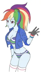 Size: 2023x3543 | Tagged: suggestive, artist:sumin6301, derpibooru import, rainbow dash, equestria girls, big breasts, bra, breasts, clothes, cute, dashabetes, female, fingers, huge breasts, image, jacket, jpeg, looking at you, panties, simple background, solo, solo female, underwear, white background