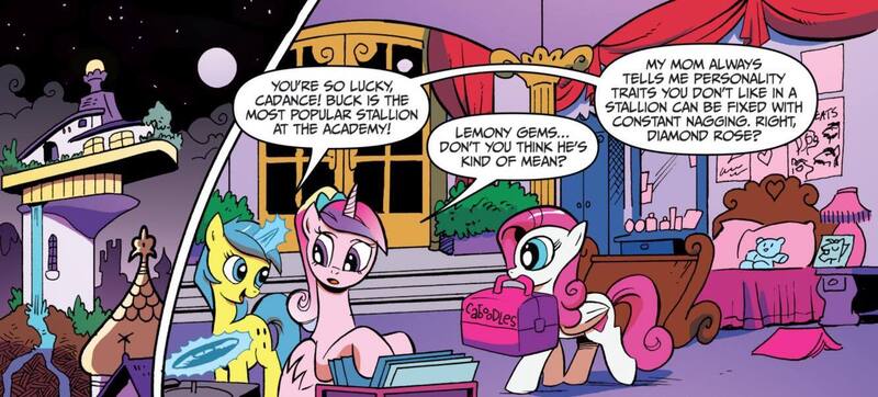 Size: 1334x603 | Tagged: safe, artist:andypriceart, derpibooru import, idw, diamond rose, lemony gem, princess cadance, alicorn, pegasus, pony, unicorn, neigh anything, spoiler:comic, spoiler:comic12, dialogue, female, g4, image, jpeg, mare, speech bubble, teen princess cadance, trio