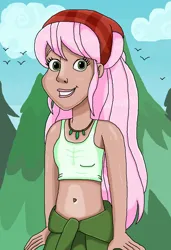 Size: 738x1080 | Tagged: safe, artist:ocean lover, derpibooru import, raspberry lilac, bird, equestria girls, background human, bandana, bare midriff, bare shoulders, beautiful, belly button, clothes, cloud, female, forest, green eyes, human coloration, image, jacket, jewelry, lips, long hair, midriff, necklace, outdoors, pink hair, png, pretty, shiny skin, sky, smiling, solo, solo female, tanktop, tree