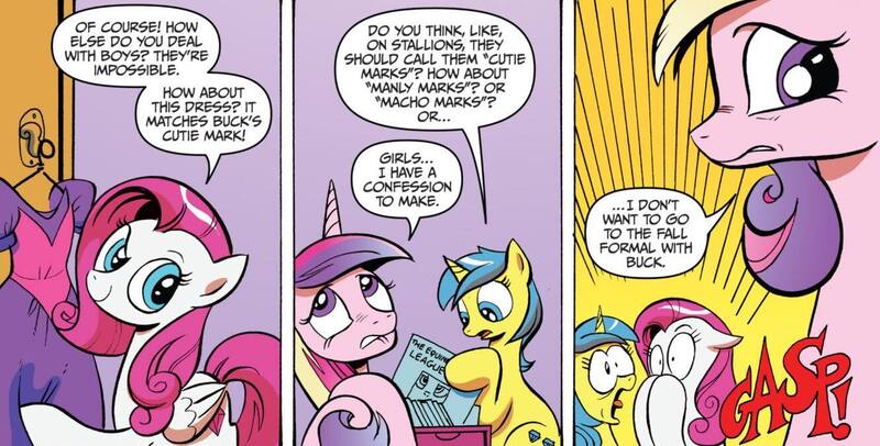 Size: 1332x676 | Tagged: safe, artist:andypriceart, derpibooru import, idw, diamond rose, lemony gem, princess cadance, alicorn, pegasus, pony, unicorn, neigh anything, spoiler:comic, spoiler:comic12, dialogue, female, g4, gasp, image, jpeg, mare, speech bubble, teen princess cadance, trio