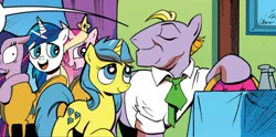 Size: 1334x663 | Tagged: safe, artist:andypriceart, derpibooru import, idw, buck withers, lemony gem, princess cadance, shining armor, twilight sparkle, alicorn, earth pony, pony, unicorn, neigh anything, spoiler:comic, spoiler:comic12, cropped, duo focus, female, g4, husband and wife, image, jpeg, male, mare, older, stallion, unicorn twilight