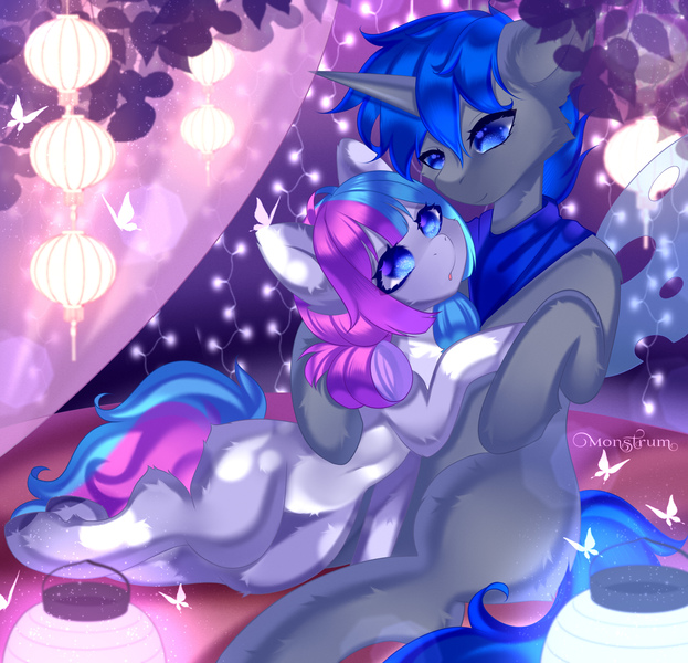 Size: 3600x3465 | Tagged: safe, artist:monstrum, derpibooru import, oc, oc:nancy, oc:nightfall, earth pony, pony, commission, cute, hug, image, jpeg, oc x oc, shipping