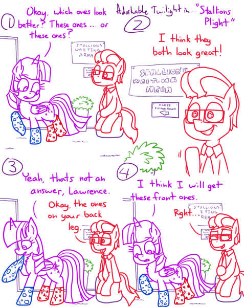 Size: 4779x6013 | Tagged: safe, artist:adorkabletwilightandfriends, derpibooru import, twilight sparkle, twilight sparkle (alicorn), oc, oc:lawrence, alicorn, comic:adorkable twilight and friends, adorkable, adorkable twilight, clothes, comic, couple, couples, cute, dating, dating sim, dork, dressing, dressing room, glasses, image, necktie, png, potted plant, question, sign, silly, sitting, slice of life, smiling, socks, store, tail, tugging, waiting