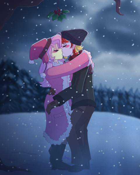 Size: 2000x2500 | Tagged: safe, artist:lionbun, derpibooru import, fluttershy, oc, oc:lucky charm, equestria girls, blushing, canon x oc, clothes, commission, couple, female, hug, image, kissing, male, mistleholly, mistletoe, png, snow, snowfall, wholesome, winter, winter outfit