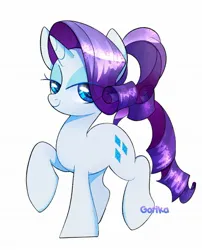 Size: 1653x2048 | Tagged: safe, artist:rottengotika, derpibooru import, rarity, pony, unicorn, female, image, jpeg, looking at you, mare, ponytail, simple background, smiling, solo, white background