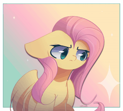 Size: 1000x904 | Tagged: safe, artist:miryelis, derpibooru import, fluttershy, pegasus, pony, animated, floppy ears, gif, image, long hair, looking, looking at you, simple background, sitting, smiling, smiling at you, solo, wings