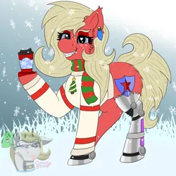 Size: 1200x1200 | Tagged: safe, artist:gray star, derpibooru import, oc, oc:scarlet star, unofficial characters only, cyborg, earth pony, pony, butt fluff, butt freckles, chest fluff, chocolate, christmas, christmas lights, clothes, cyberpunk, ear fluff, ear piercing, female, fluffy, food, freckles, glasses, hearth's warming eve, holiday, hot chocolate, image, mare, nighthaze, piercing, png, simple background, solo, sweater, trans female, transgender, transgender oc, transparent background, unshorn fetlocks