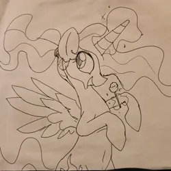 Size: 2992x2992 | Tagged: safe, artist:datte-before-dawn, princess celestia, alicorn, pony, alternate hairstyle, candy, female, food, horn, image, jpeg, lollipop, magic, mare, monochrome, ponytail, rearing, smiling, solo, spread wings, telekinesis, traditional art, wings