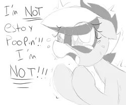Size: 1200x1000 | Tagged: safe, artist:datte-before-dawn, oc, oc:bandy cyoot, unofficial characters only, hybrid, pony, raccoon, raccoon pony, crying, dialogue, eye clipping through hair, female, image, mare, monochrome, open mouth, png, shaking, solo