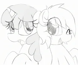 Size: 2400x2000 | Tagged: safe, artist:datte-before-dawn, oc, oc:righty tighty, unofficial characters only, earth pony, pony, unicorn, duo, eye clipping through hair, female, horn, image, jpeg, mare, monochrome, one eye closed, open mouth, wink