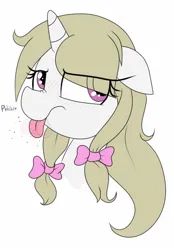 Size: 1053x1512 | Tagged: safe, artist:datte-before-dawn, oc, unofficial characters only, pony, unicorn, blushing, bow, bust, female, hair bow, horn, image, jpeg, looking away, mare, portrait, raspberry, solo, tongue out