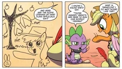 Size: 1334x750 | Tagged: safe, artist:amymebberson, derpibooru import, idw, applejack, fluttershy, spike, dragon, earth pony, pegasus, pony, spoiler:comic, spoiler:comic16, baby, baby dragon, dialogue, duo focus, emanata, female, g4, image, jpeg, male, mare, onomatopoeia, pencil drawing, quill, speech bubble, traditional art, what in tarnation