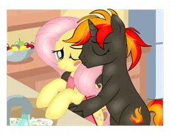 Size: 960x768 | Tagged: safe, artist:yesic01, derpibooru import, fluttershy, oc, pegasus, pony, unicorn, apple, apron, base used, blushing, clothes, commission, dishes, duo, female, food, hug, hug from behind, image, kiss on the cheek, kissing, kitchen, mare, naked apron, one eye closed, partial nudity, png, wink