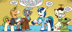 Size: 1334x594 | Tagged: safe, artist:andypriceart, derpibooru import, idw, 8-bit (character), gaffer, gizmo, shining armor, earth pony, pegasus, pony, unicorn, neigh anything, spoiler:comic, spoiler:comic12, clothes, dialogue, emanata, g4, group, image, jpeg, male, quartet, speech bubble, stallion, teen shining armor, tuxedo, younger