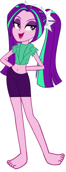 Size: 312x802 | Tagged: safe, artist:ajosterio, derpibooru import, aria blaze, equestria girls, ariabetes, barefoot, belly button, clothes, cute, feet, female, image, midriff, png, ponytails, shirt, shorts, simple background, smiling, smug, solo, transparent background, vest